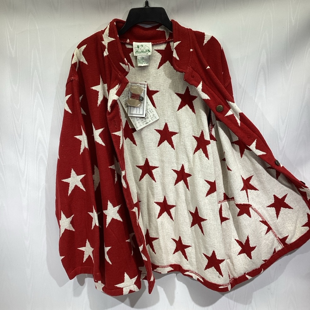 New Quacker Factory Red with White Stars Button Up Woven Jacket 2X Patriotic